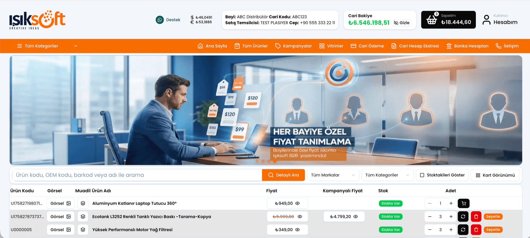 Işıksoft B2B bayi portalı ana sayfası: bayiye özel kampanya banner'ı, cari bakiye, sepet ve hızlı sipariş tablosu